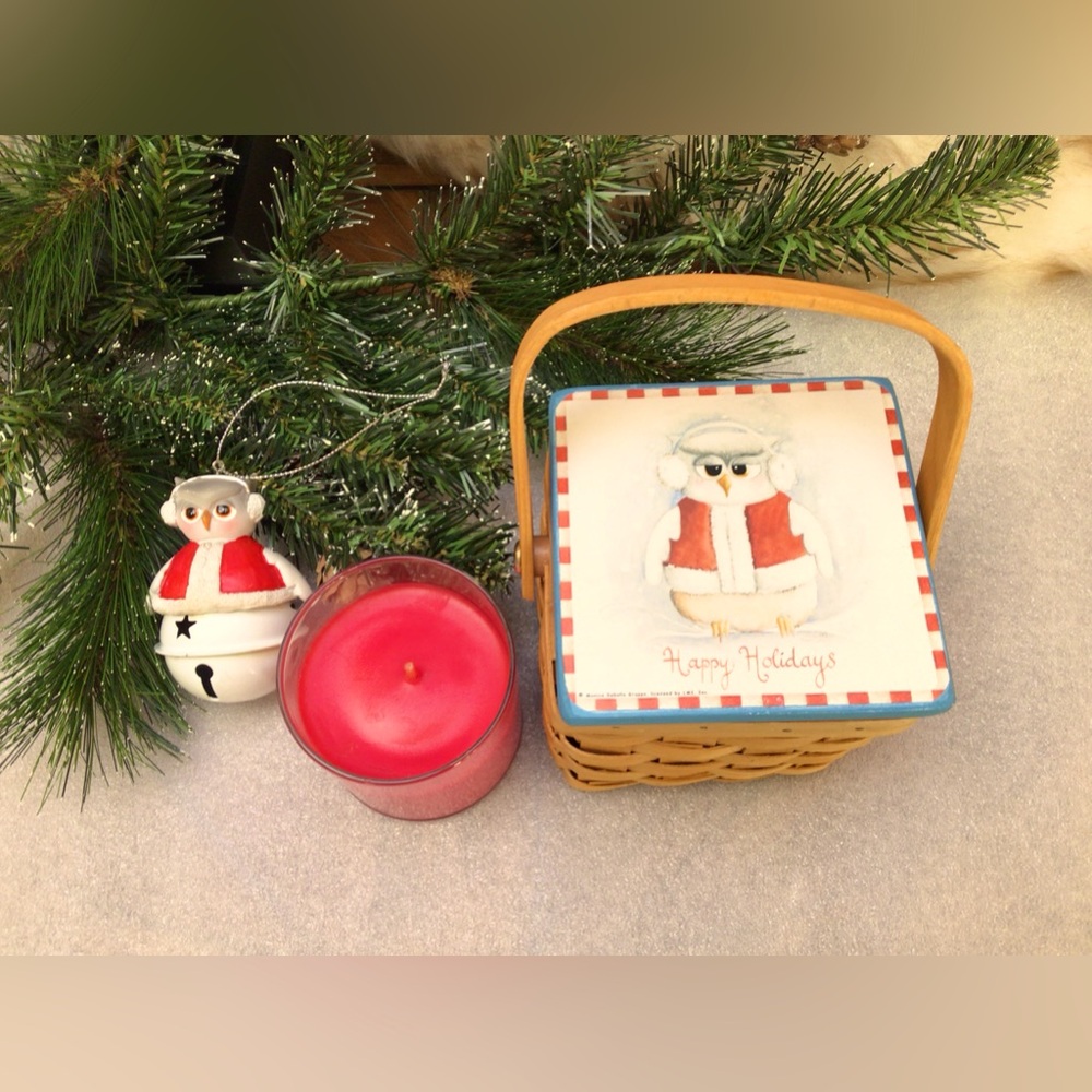 Christmas set of basket, owl bell ornament, and candle. NWOT.